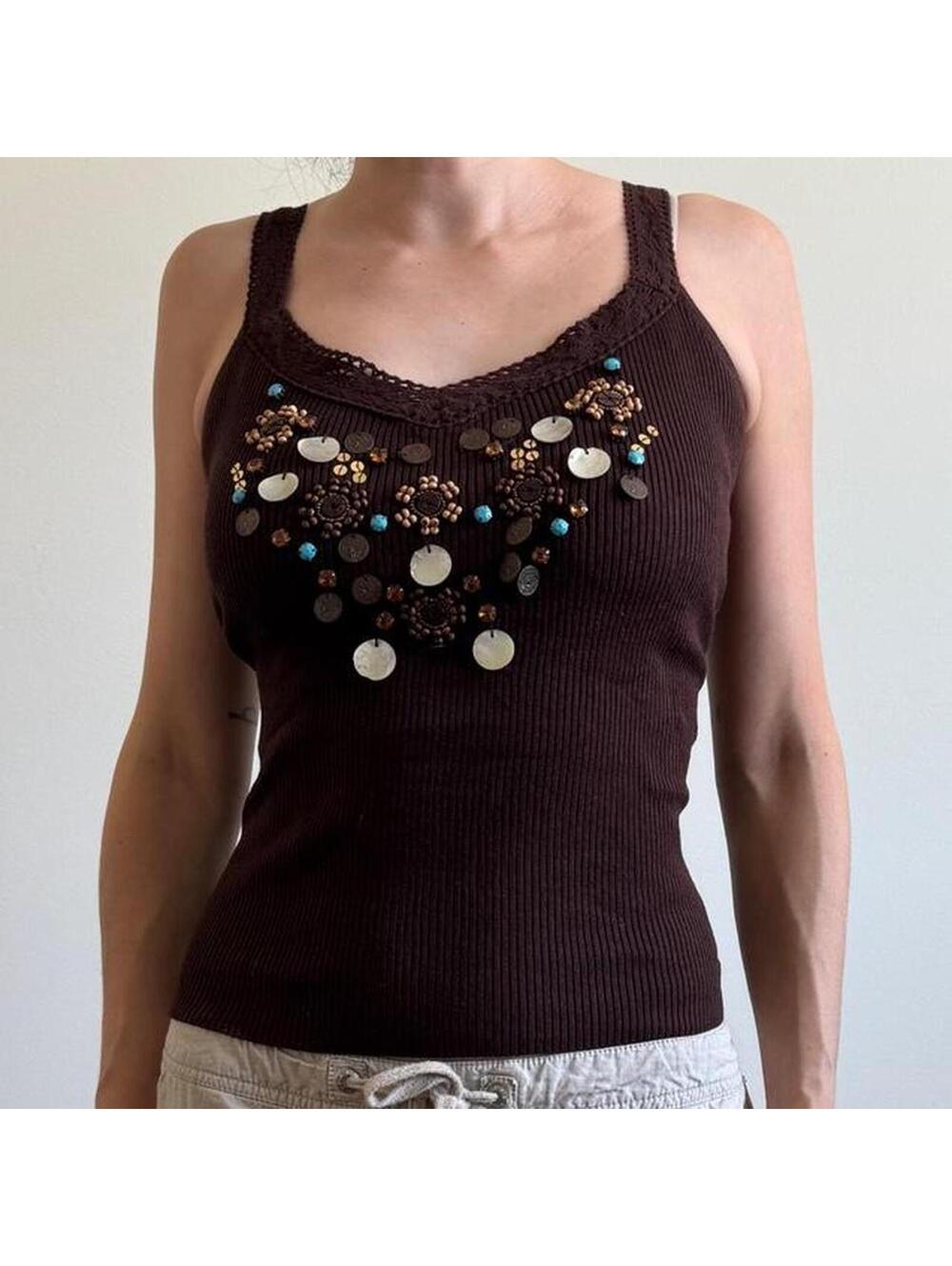 SOLD Brown beaded knit tank top with crochet trim. From Belldini in a size L.